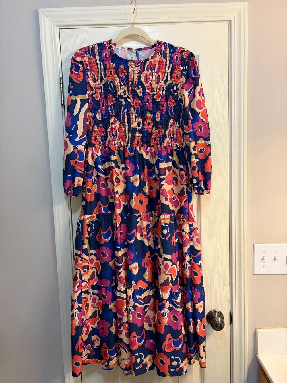 Smocked Bodice Maxi Dress in Navy with Pink & Orange Floral - Picture 1 of 9